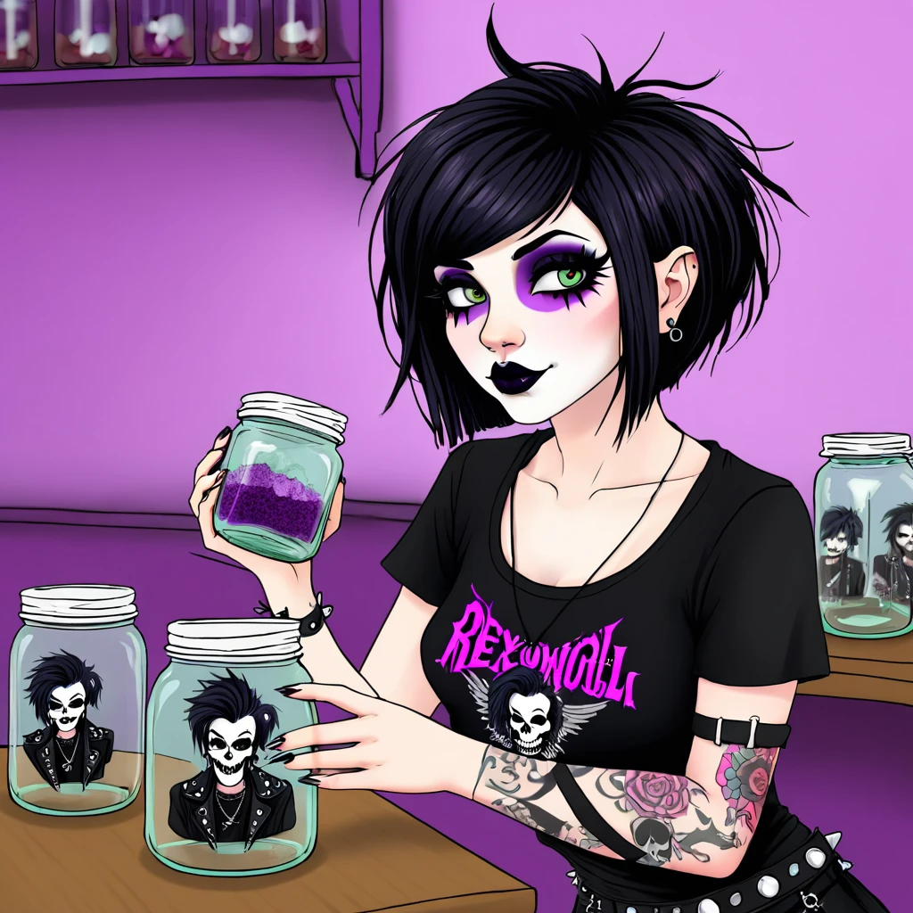 bearded woman, short hair, punk goth style, receives a jar of minoxidil