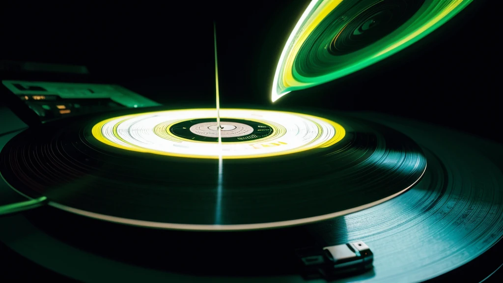 Poster Style,Brighter green frosted background,Vinyl record combined with clock,The record is in the center of the screen.,(Front view of the record),Half record, half clock,Reflecting the sense of time travel,Golden text effect for English title on the right,There is a halo of light around the record similar to a black hole,Extremely high definition picture quality,quality,Real texture,Sci-fi style,No sense of space