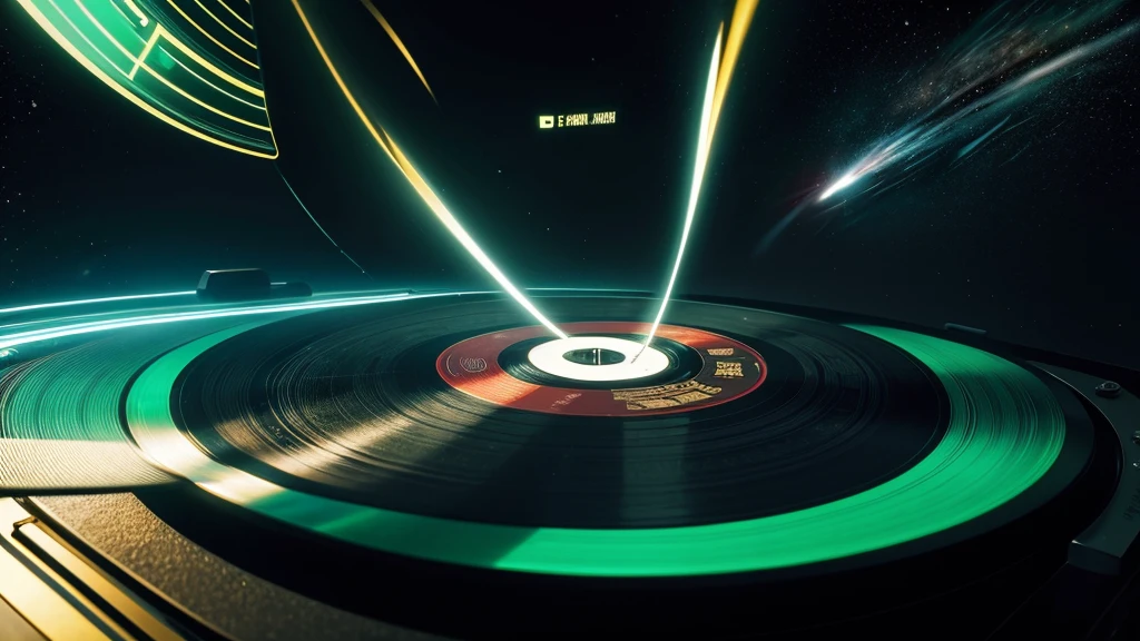 Poster Style,Brighter green frosted background,Vinyl record combined with clock,The record is in the center of the screen.,(Front view of the record),Half record, half clock,Reflecting the sense of time travel,Golden text effect for English title on the right,There is a halo of light around the record similar to a black hole,Extremely high definition picture quality,quality,Real texture,Sci-fi style,No sense of space