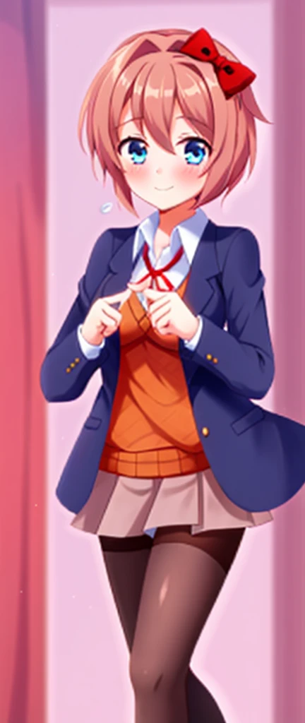one girl, Sayori, DDLC, Doki Doki Literature Club, hair bow, school blazer, light blue eyes, index fingers together, shy, blush, smile awkwardly