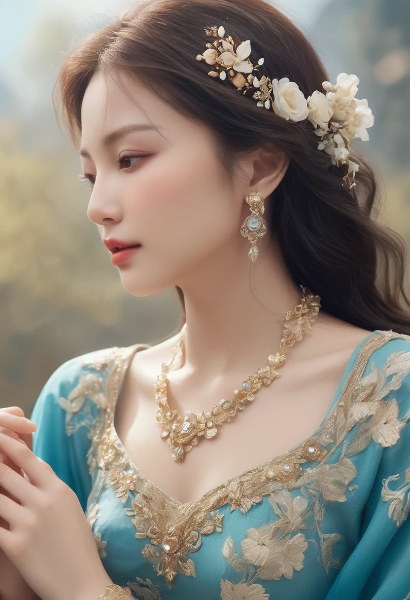 (Best quality,8K,A high resolution,Masterpiece:1.2),Ultra-detailed,(Realistic,Photorealistic,photo-realistic:1.37),Portrait,Creative style artwork,Historical,classical,Sophisticated,plethora of colors,Highly detailed,Soft lighting,luxurious environment,detailed gown,Vibrant flowers,detailed jewellery,Ethereal atmosphere,Elegant Pose,Graceful curves,Gold body proportions，Flowing hair,Breathtaking textile patterns,blue colors，green color,Delicate floral decoration,A dazzling array of crystal accessories,Mysterious and dreamy atmosphere,Impeccable attention to detail.