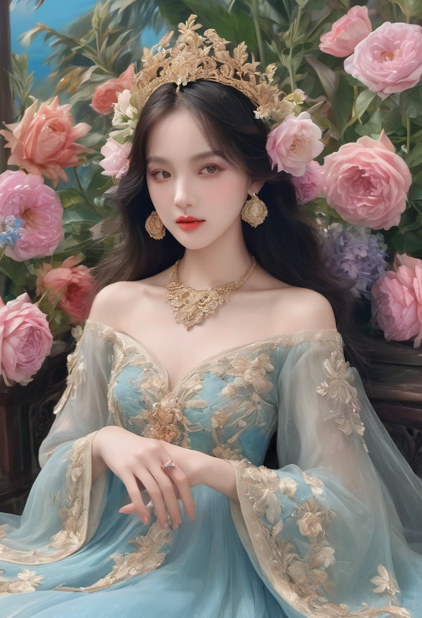 (Best quality,8K,A high resolution,Masterpiece:1.2),Ultra-detailed,(Realistic,Photorealistic,photo-realistic:1.37),Portrait,Creative style artwork,Historical,classical,Sophisticated,plethora of colors,Highly detailed,Soft lighting,luxurious environment,detailed gown,Vibrant flowers,detailed jewellery,Ethereal atmosphere,Elegant Pose,Graceful curves,Gold body proportions，Flowing hair,Breathtaking textile patterns,blue colors，green color,Delicate floral decoration,A dazzling array of crystal accessories,Mysterious and dreamy atmosphere,Impeccable attention to detail.