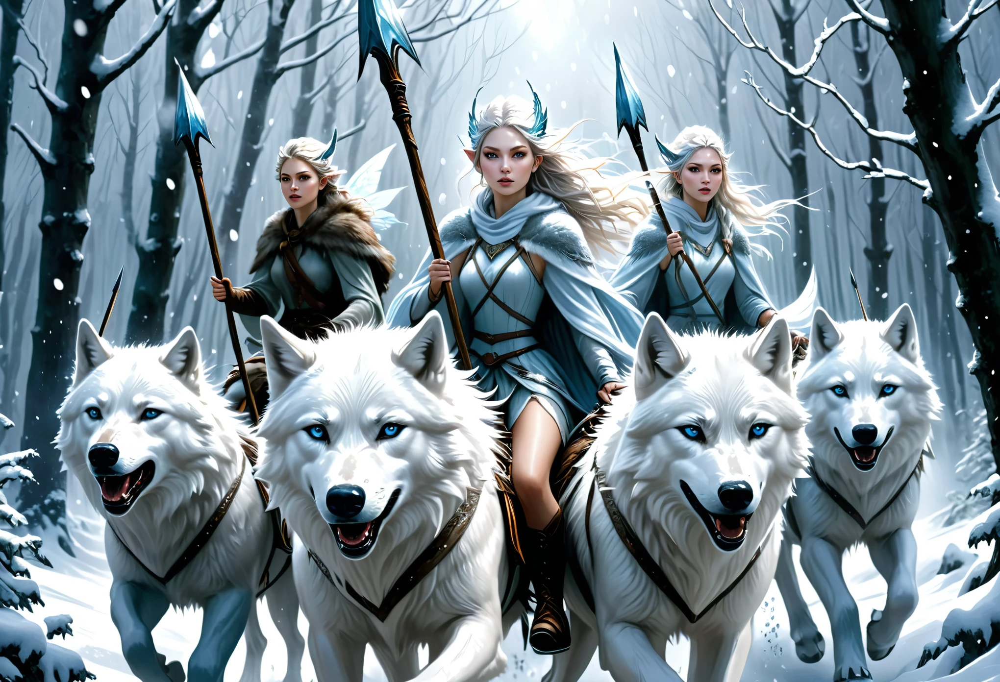 hyper-realistic digital painting, very detailed faces, fae aesthetic, ice fairies riding to war, riding on white wolves, forest scene, ((snow storm)), carrying spears
