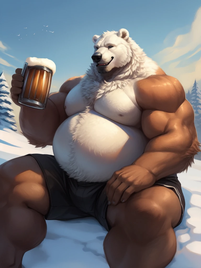 lucusold, lanxus, a man with a huge belly, furry white bear, polar bear, fat ripped:1.2, chubby, more chubby, smile, sitting in Terance, Atlantic, snow, beer, muacular, pectoral, holding beer, thicc, lowres, giant and fat, danbooru and artstation, heavy detailed, insanely inflated hips, topless, shorts, proportionally arms, fluffy chest, commission for high res, detailed but rough, semirealistic:1.3