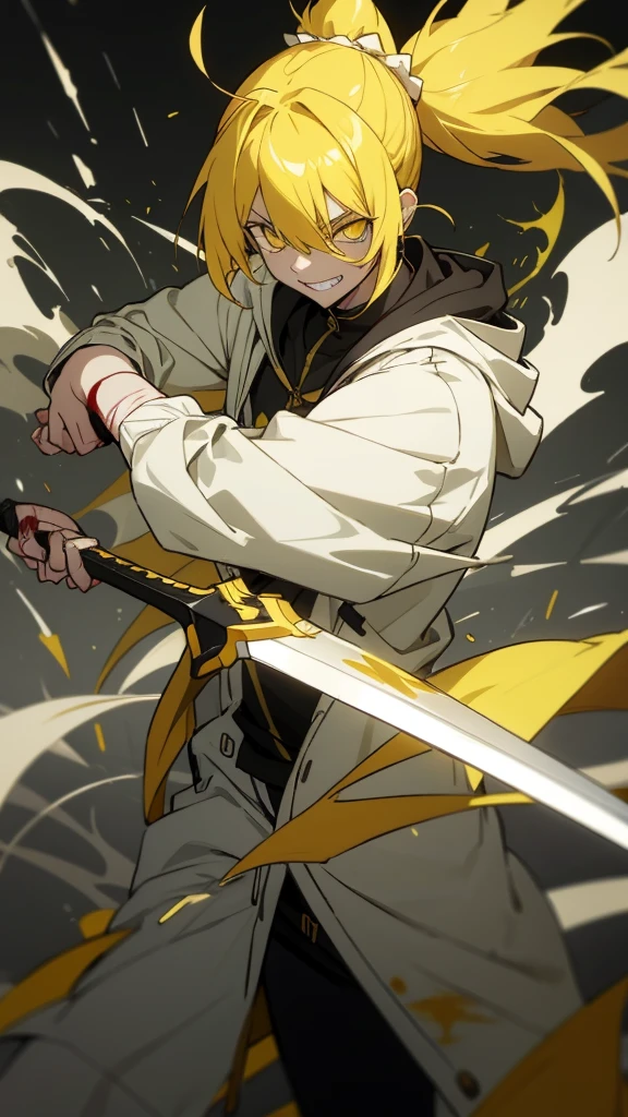 boy, yellow hair tied in a ponytail, reflective yellow eyes, holding a dagger, q shaped dagger, bloodied clothes, battle grin, modern clothing, hoodie, wounded,