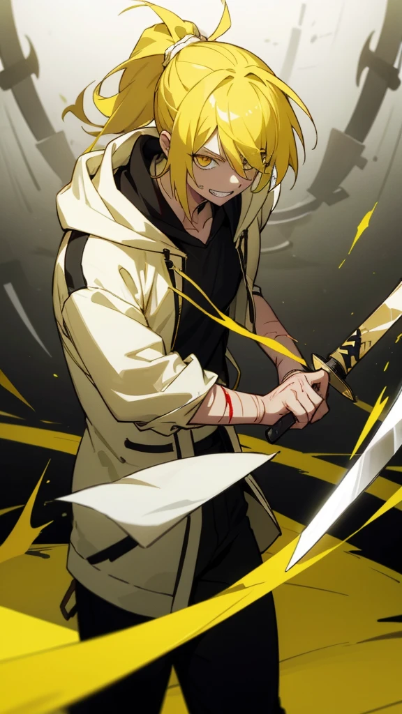 boy, yellow hair tied in a ponytail, reflective yellow eyes, holding a dagger, q shaped dagger, bloodied clothes, battle grin, modern clothing, hoodie, wounded, 