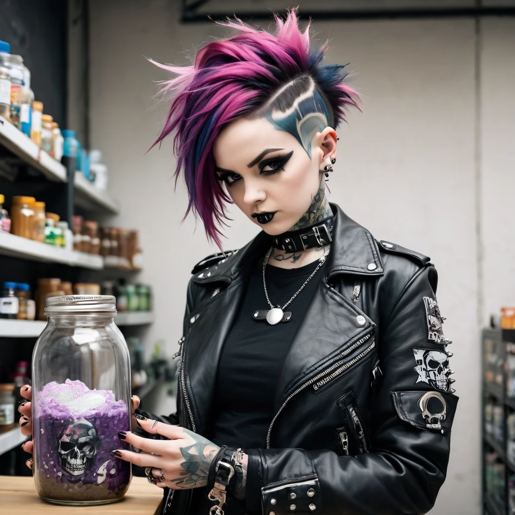 bearded woman, short hair, punk goth style, receives a jar of minoxidil
