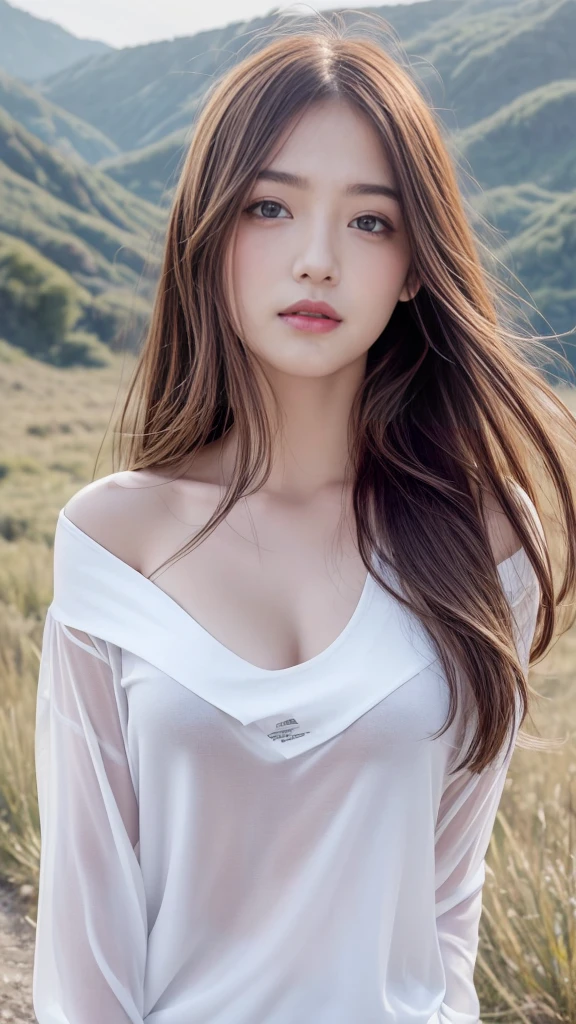 (( Realistic light, Best quality, 8k, Masterpiece :1.3)), 1girl, small mole under eyes, smile, closed eyes, small moles on the breast, Pretty woman with slender figure :1.4, abs :1.1, korean, pale-skin, (floatingwavy silk-brown hair, floating hair by wind, big_breasts :1), (deep_cleavage), white offshoulder shirt:1.2, long sleeves wet by wind, (sweaty skin:1.3), standing, night in the mountain, campfire light, Ultra-detailed face, Detailed eyes, Double eyelid, shiny skin, cowboy shot