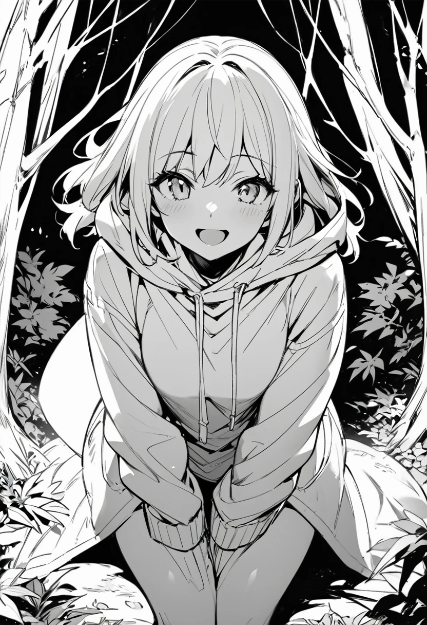 best quality , monochrome, lineart, 1girl, , smile, looking at viewer,open mouth,white background oldest in the forest