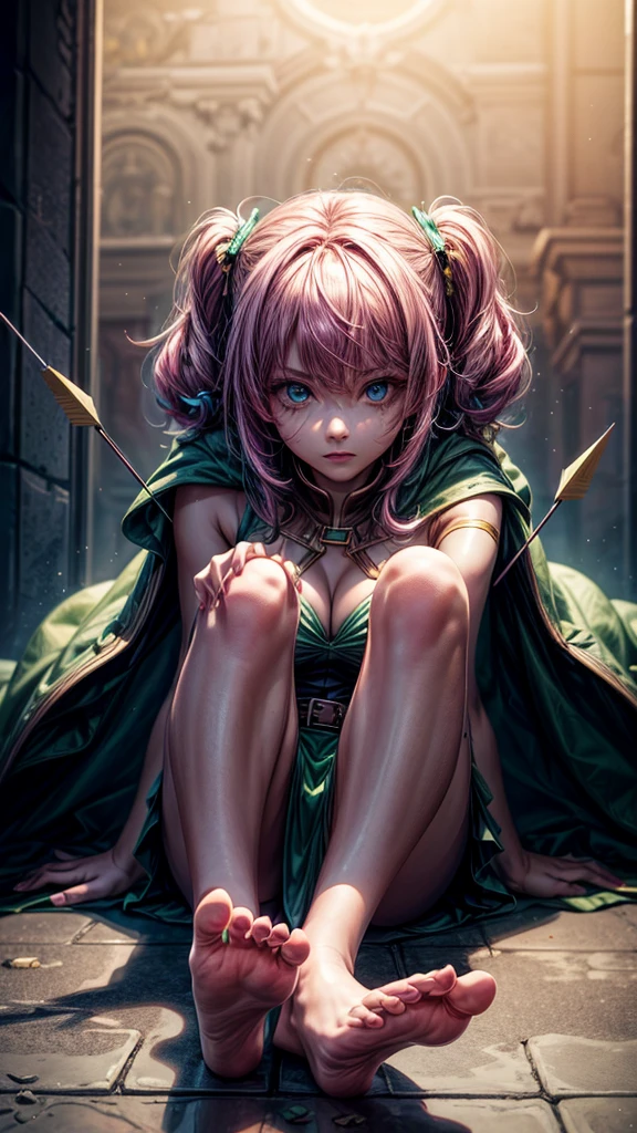 a girl with pink hair in bangs, square cut, determined facial expression, big blue eyes, arrow holder on her back, wearing a green short sleeveless dress, green cape, bare feet, big leather belt, arrows on the ground, bow pose on the floor, sitting on the floor, looking at the camera, highly realistic, Clash Royale character, best quality, best lighting, dynamic point of view
