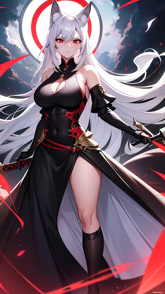 An adult woman half fox and wolf, wide breasts, red eyes, white hair, very angry, in a black little open dress, holding a sword