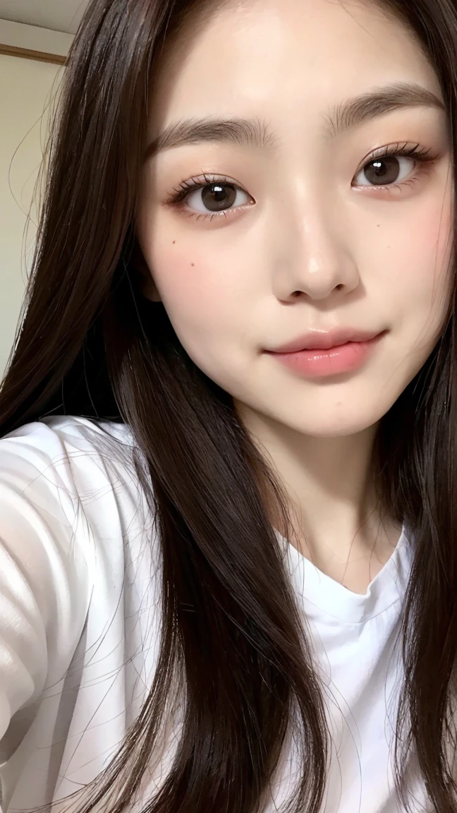 18 year old Japanese female、Wearing a white shirt、Highly detailed face,round face、 Lips Detail,,Big eyes、double eyelid, Detailed black eyes,Thin lips、 Very beautiful face、current eyes, Beautiful Eyes, (Real Skin), Beautiful Skin, Ultra-high resolution、Facing forward and gazing at me、smile、