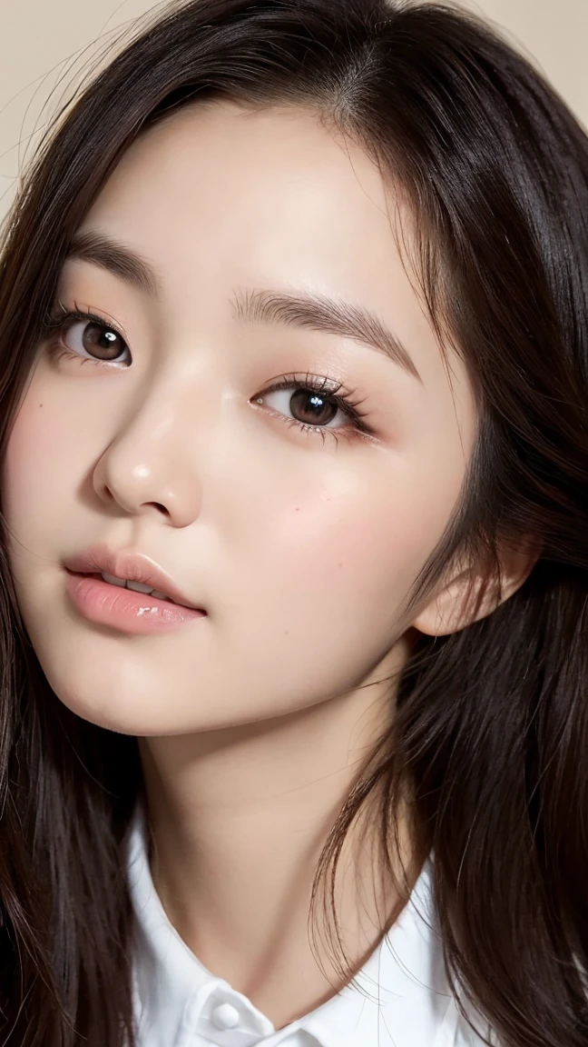 18 year old Japanese female、Wearing a white shirt、Highly detailed face,round face、 Lips Detail,,Big eyes、double eyelid, Detailed black eyes,Thin lips、 Very beautiful face、current eyes, Beautiful Eyes, (Real Skin), Beautiful Skin, Ultra-high resolution、Facing forward and gazing at me、smile、