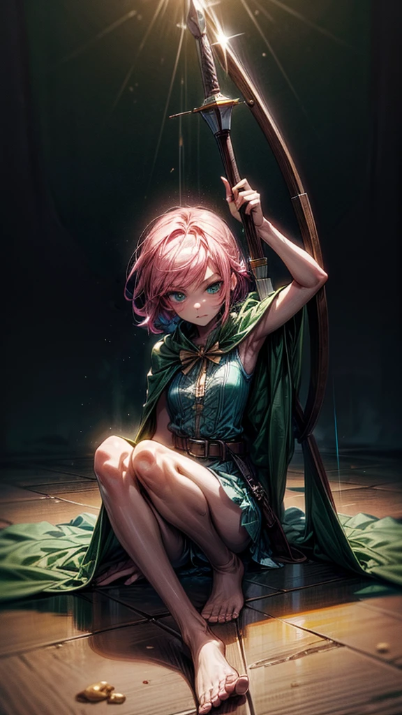 a girl with pink hair in bangs, square cut, determined facial expression, big blue eyes, arrow holder on her back, wearing a green short sleeveless dress, green cape, bare feet, big leather belt, arrows on the ground, bow pose on the floor, sitting on the floor, looking at the camera, highly realistic, Clash Royale character, best quality, best lighting, dynamic point of view