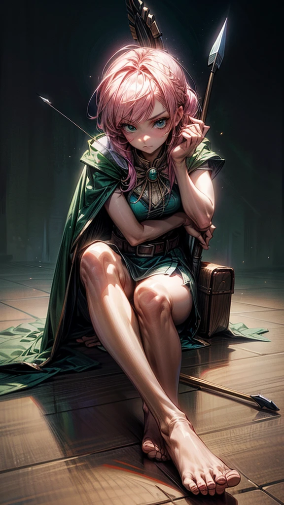 a girl with pink hair in bangs, square cut, determined facial expression, big blue eyes, arrow holder on her back, wearing a green short sleeveless dress, green cape, bare feet, big leather belt, arrows on the ground, bow pose on the floor, sitting on the floor, looking at the camera, highly realistic, Clash Royale character, best quality, best lighting, dynamic point of view