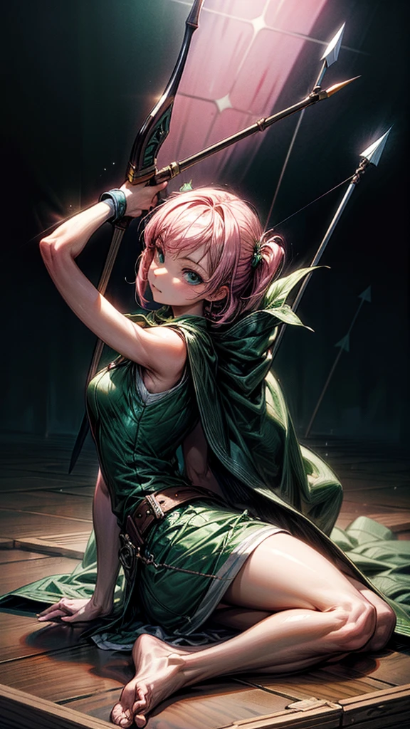 a girl with pink hair in bangs, square cut, determined facial expression, big blue eyes, arrow holder on her back, wearing a green short sleeveless dress, green cape, bare feet, big leather belt, arrows on the ground, bow pose on the floor, sitting on the floor, looking at the camera, highly realistic, Clash Royale character, best quality, best lighting, dynamic point of view