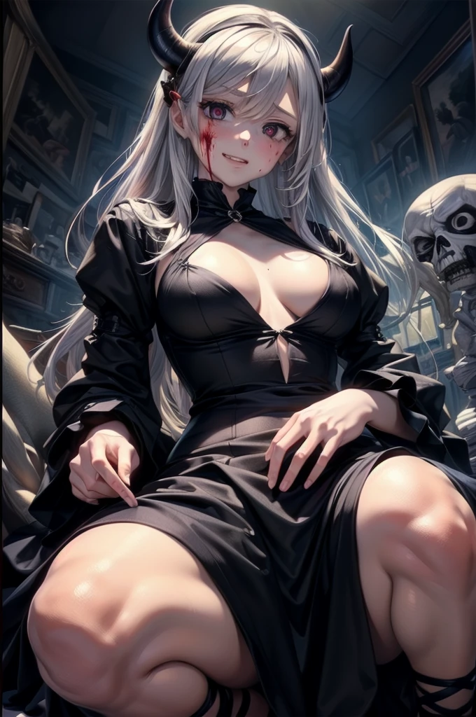 死んだ腐ったBloodに飢えた邪悪なzombie, Girl Venom, 黒い共bornborn物が付着している, Bloodまみれの, Evil look, Psychopathic, Torn clothes, Torn costume, sexy, reveal, Combat Stance, Very detailed, Vibrant appearance, Creative Action, Very detailed, Imaginative, Sensual, Voluntary, Small breasts, sexy, reveal, Highest quality, skinの質感, Intricate details, (Highest quality, masterpiece, 超High resolution), (8k wallpaper, High resolution, High resolution, born), (credibility: 1.4), (whole bodyショット), One girl, ((Anime Girls)),,(Bloodしぶき:1.6), ((Fantasy Witch Costume)), ((Flowing white hair)), ,(Bloodしぶき:1.6),Female curves, Large Breasts, Thick thighs, sexyな平らなお腹, 完璧なhand, 完璧なアニメのface, ((dark ta dress)), Are standing, ((Wicked Smile)), ,(Bloodしぶき:1.6),In the Victorian city, gaslight, Steam circulates, Moonlight Illumination, night間照明, A sky filled with stars and galaxies,disaster々new devil horns,,(Bloodしぶき:1.6),アニメzombie魔女デザイン, ねじれた笑face、Bloodまみれの、頭からの出Blood、Bloodしぶき、,(Bloodしぶき:1.6),Crossbones, skull, Streetwear Design, Provector, Horror Style, Full Design, Huge breasts, Very detailed, Realistic, Dark fantasy, Gloomy atmosphere, Intricate details, Crazy Smile, 狂ったeye, A cute and luxurious hair band,(masterpiece:1.2, Highest quality), Scary atmosphere、Distorted facial expressions、Horror Art、Bloodの雨、Bloodを流す、Bloodしぶき,(Bloodしぶき:1.6),悪魔のeye、redいeye、scar、火scar、whole body、Torn hair of a woman dressed in slave clothing、(Long Hair)、(eyeにかかる長さの前髪)、Black Hair、(((eyeの下のクマ)))、青白いskin、Feeling unwell、Pathological、邪悪な笑face、狂ったeye、(Grin)Dramatic makeup,Create mixed media art、,Horror 1 Girl, Open_mouth, , red_eye, Blood, Tilt_red_skin, Injury, Blood_in addition_face, Bandaged_arm, Blood_in addition_zombie, Blood_in addition_hand , Open your eyelids wide, The trend is all, mouthを大きくOpen, mouthを開けてteethをむき出しにする,獣のような鋭いteeth, Wide lips, 非常に広いmouth, Vermilion cheeks, blonde, ,(Bloodしぶき:1.6),Princess Cut, Ribbon hair ornament, brooch, Otaku Room, Well-built body, Nice body, Ample breasts, Thick body,eyeを大きく開いて、Scary atmosphere、Distorted facial expressions、ねじれた笑face、Bloodまみれの、頭からの出Blood、Bloodしぶき、whole body、,(Bloodしぶき:1.6),Long Hair、Long bangs、Well-built,Broad shoulders,I focus,(face),Messy Hair,いeye,(光るeye),red信号,笑face,big 笑face,teeth,psycho 笑face,gesugao,Dark city background,darkness,night,(close),良いeye, 良いteeth,サディスティックな笑face,,all,光沢のあるskin,詳細なface,Beautiful body, mouthからの白い息 Luxurious lace long gloves