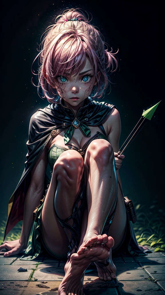a girl with pink hair in bangs, square cut, determined facial expression, big blue eyes, arrow holder on her back, wearing a green short sleeveless dress, green cape, bare feet, big leather belt, arrows on the ground, bow pose on the floor, sitting on the floor, looking at the camera, highly realistic, Clash Royale character, best quality, best lighting, dynamic point of view