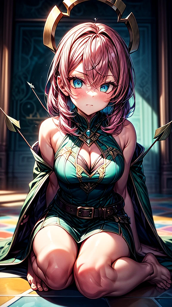 a girl with pink hair in bangs, square cut, determined facial expression, big blue eyes, arrow holder on her back, wearing a green short sleeveless dress, green cape, bare feet, big leather belt, arrows on the ground, bow pose on the floor, sitting on the floor, looking at the camera, highly realistic, Clash Royale character, best quality, best lighting, dynamic point of view