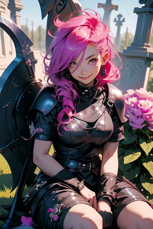 A pink haired reaper with violet eyes with an hourglass figure in leather armor is sitting on a tombstone with her scythe in a flurry of peony petals with a big smile in a cemetery