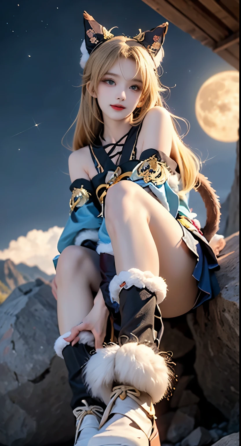 Kirara_genshin, beautiful face, sweet girl,(cowboy shot), headdress, cat ears, blonde long hair, green eyes, separated sleeves, Kirara's upshirt, upper cutout, Kirara's short skirt, two cat tails, bare legs,(black leg warmers), ((Cat paw shoe covers decorated with white fur)), ((bare shoulders)), ((whole body)), In fact, fashion girl, red lips, mature woman, cosmetics, big eyes, beautiful eyes, ((whole body)), ((from below)), (best quality, masterpiece:1.2), very detailed, (In fact:1.37), ((sexy long legs)), beautiful, young and energetic, Attractive models, big bust, split, (delicate eyes, detailed lips, extremely delicate eyes), Show me a bright smile, Create cool girl images, disapproval, very high saturation, official art, very detailed CG 통합 8k 벽지,(high dynamic range :1.4), (cinematic),(pastel colors, dull color, calm tone :1.3), (natural skin texture, ultra-In fact, soft light, sharp),(very detailed), night, moon, ((In the mountains, plant, leaning against a rock))