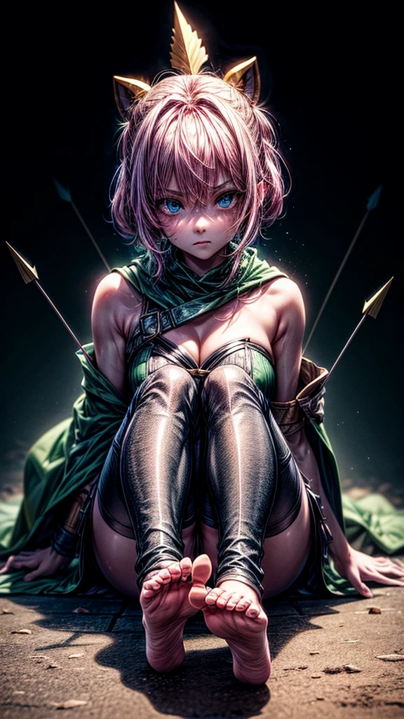 a girl with pink hair in bangs, square cut, determined facial expression, big blue eyes, arrow holder on her back, wearing a green short sleeveless dress, green cape, bare feet, big leather belt, arrows on the ground, bow pose on the floor, sitting on the floor, looking at the camera, highly realistic, Clash Royale character, best quality, best lighting, dynamic point of view