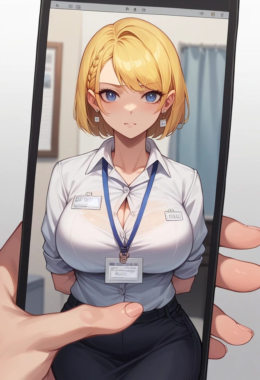 (( straight face picture )) ((best quality)), ((Masterpiece)), (details), ( Bright picture ). Young woman , yellow hair tied up ,blue eyes , Take a picture ,Mobile phone,name tag, Office lady , photographer , big breasts, Big hips
