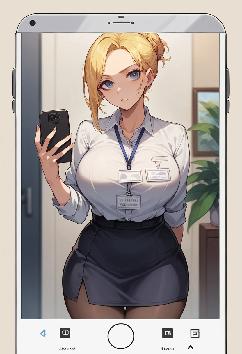 (( straight face picture )) ((best quality)), ((Masterpiece)), (details), ( Bright picture ). Young woman , yellow hair tied up ,blue eyes , Take a picture ,Mobile phone,name tag, Office lady , photographer , big breasts, Big hips