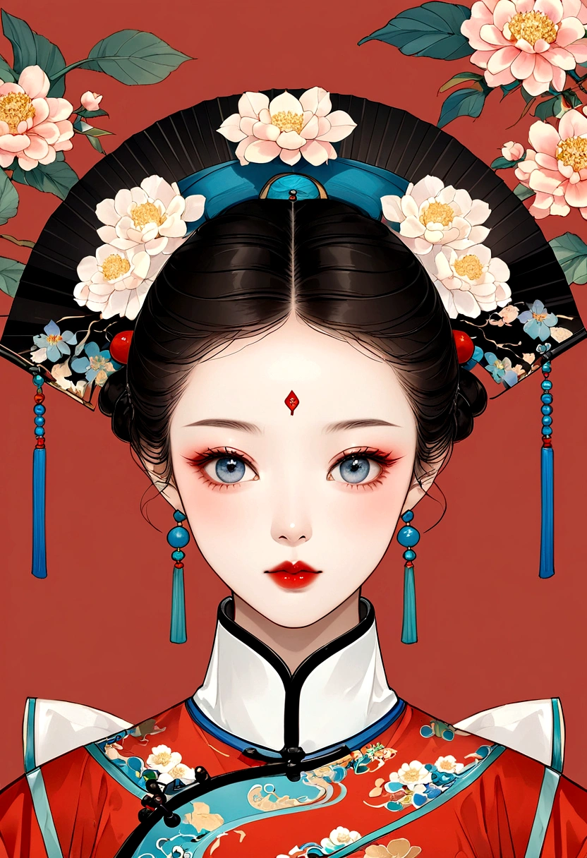 Procreate board drawing beautiful digital art，Clean lines，Beautiful Chinese Qing Dynasty Princess，Bright Eyes，Exquisite facial features，(((Qing Dynasty Gaoqitou，Flowers)))，symmetry，（Qing Dynasty Clothing，White scarf），(((Handheld tuan fan)))，Bright colors，High Saturation，Solid red background，Medium shot