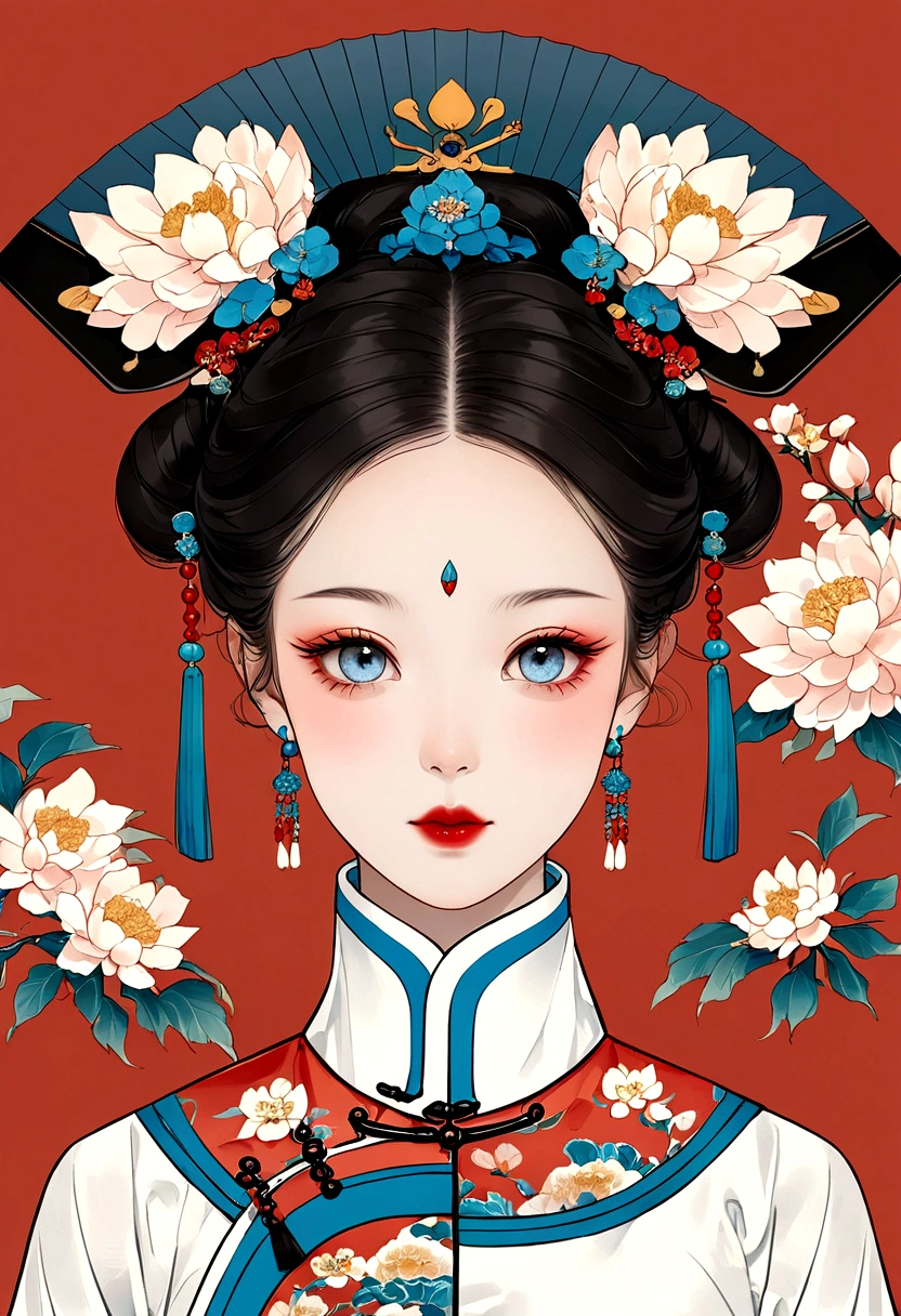 Procreate board drawing beautiful digital art，Clean lines，Beautiful Chinese Qing Dynasty Princess，Bright Eyes，Exquisite facial features，(((Qing Dynasty Gaoqitou，Flowers)))，symmetry，（Qing Dynasty Clothing，White scarf），(((Handheld tuan fan)))，Bright colors，High Saturation，Solid red background，Medium shot