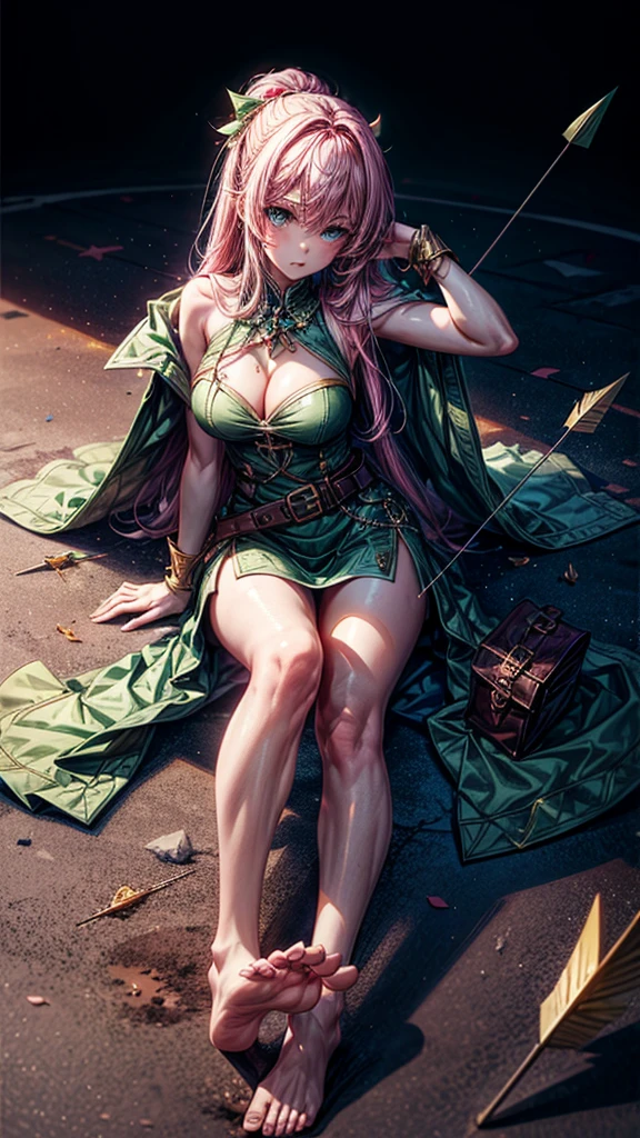 a girl with pink hair in bangs, square cut, determined facial expression, big blue eyes, arrow holder on her back, wearing a green short sleeveless dress, green cape, bare feet, big leather belt, arrows on the ground, bow pose on the floor, sitting on the floor, looking at the camera, highly realistic, Clash Royale character, best quality, best lighting, dynamic point of view
