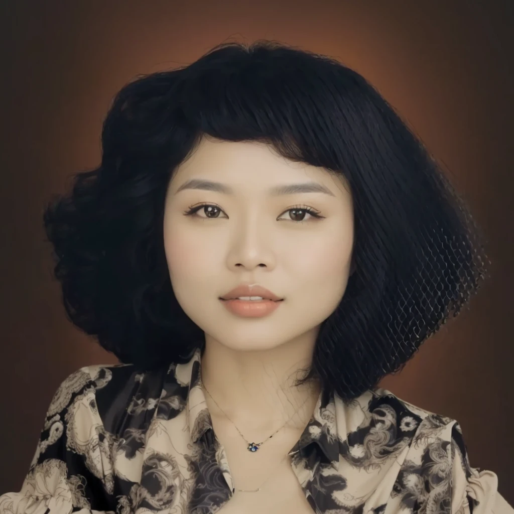 portrait of Indonesian woman with wavy curly hair, 90's style, wearing a black patterned shirt, wearing a pendant necklace, abstract background