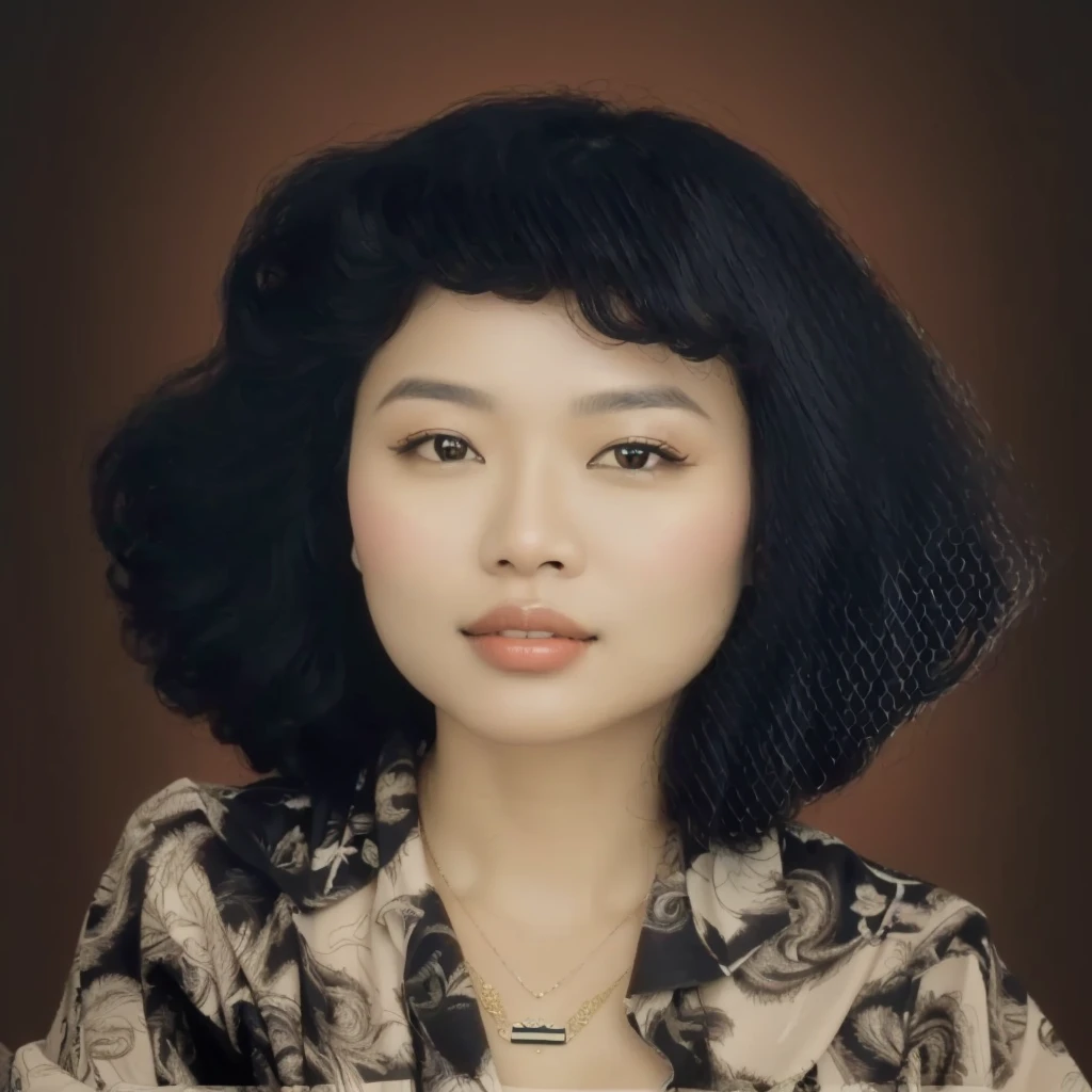 portrait of Indonesian woman with wavy curly hair, 90's style, wearing a black patterned shirt, wearing a pendant necklace, abstract background