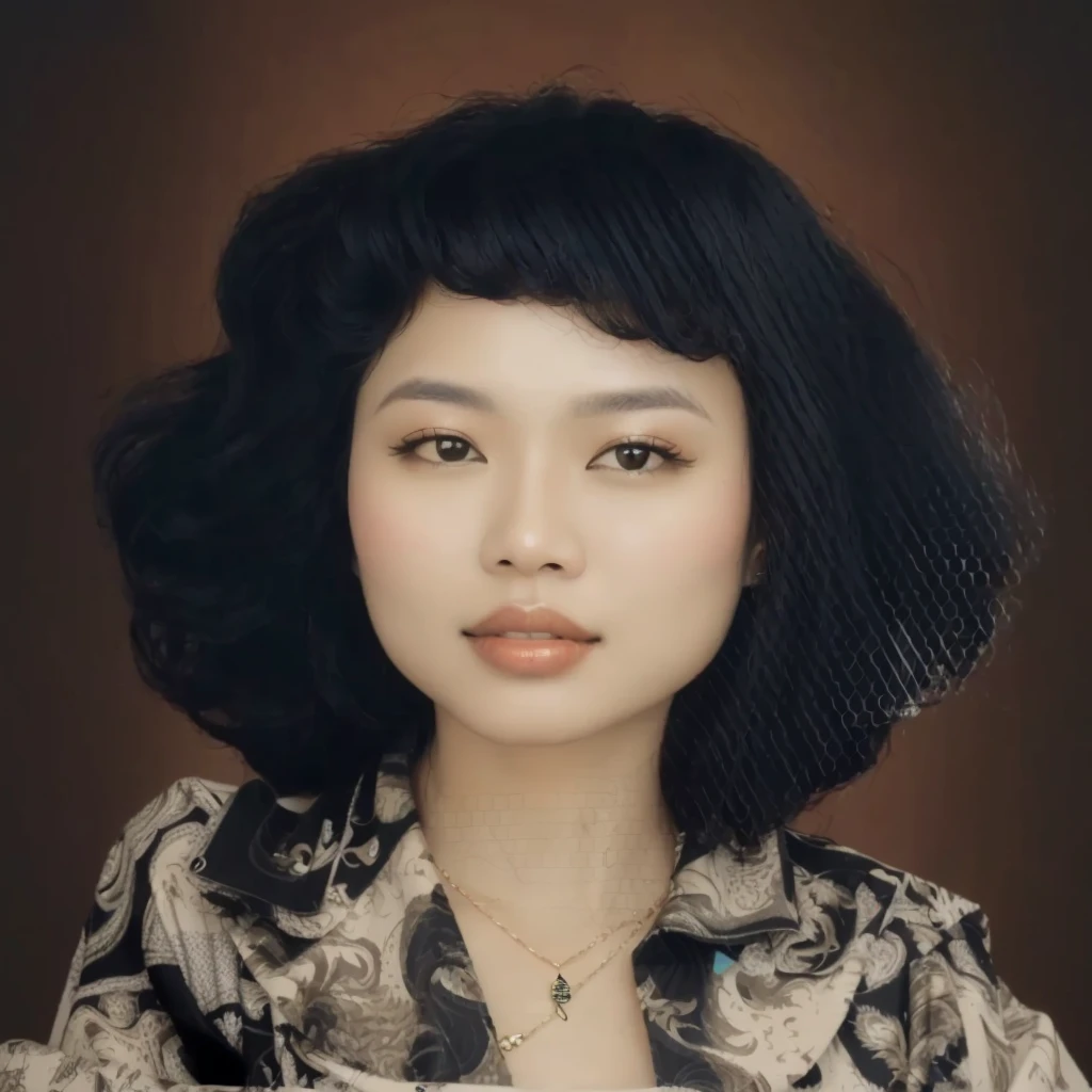 portrait of Indonesian woman with wavy curly hair, 90's style, wearing a black patterned shirt, wearing a pendant necklace, abstract background
