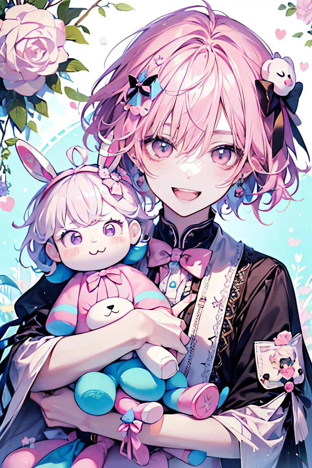 chibi character,Rabbit motif,(brush),((cute,kawaii,wonderland)),((pastel color)),((Cute assortment)),(A big smile with an open mouth),((Cute stuffed toys and dolls:1.3)),Shiny pink hair,(pastel pink),((Men's、Shota、juvenile:1.2)),(ribbon🎀:1.25).