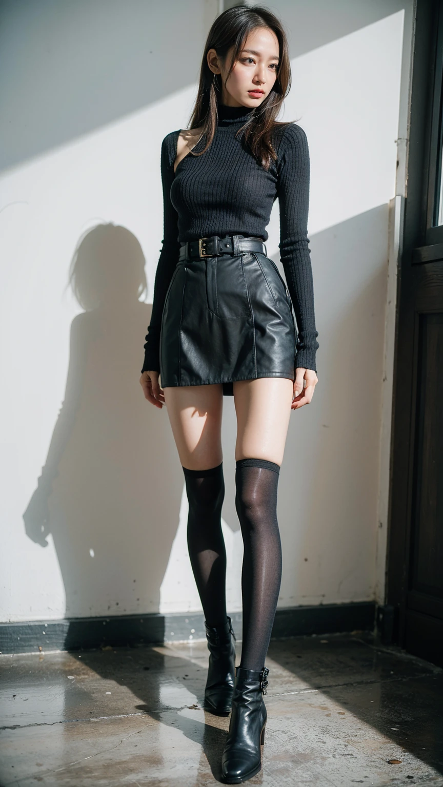 (8K、RAW Photos、Highest quality、masterpiece:1.2)、(Realistic、Realistic)、1 Girl、((Bondage、Bodysuits、black、Thin legs、whole body、mini skirt、tights、boots、basement、View from the front、Looking into the camera、belt、Stand with hands on hips))、cute