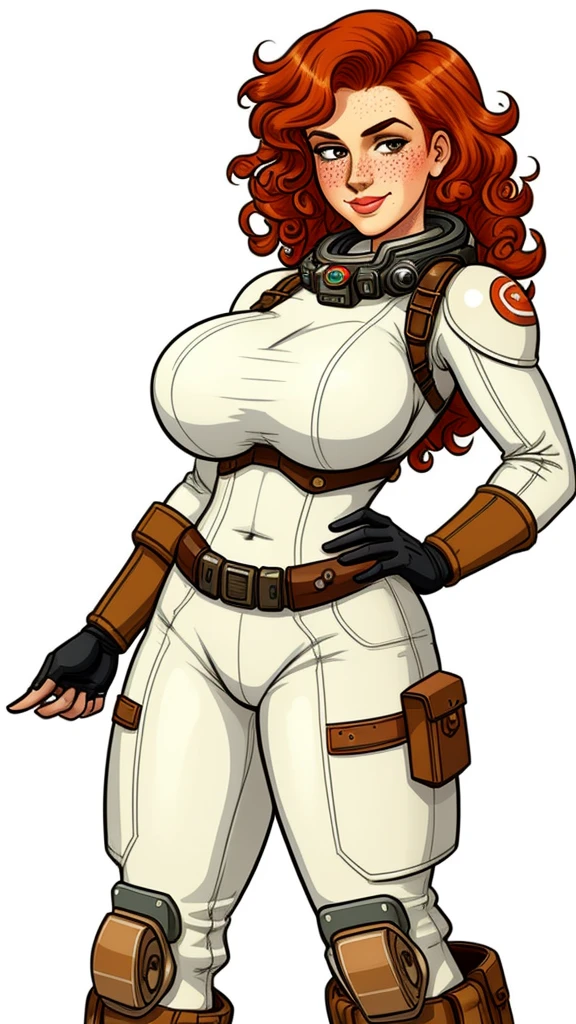 dieselpunk, pretty woman, curly ginger hair, freckles, large breasts, rubenesque, dieselpunk, space suit, white background, blank background, pinup.