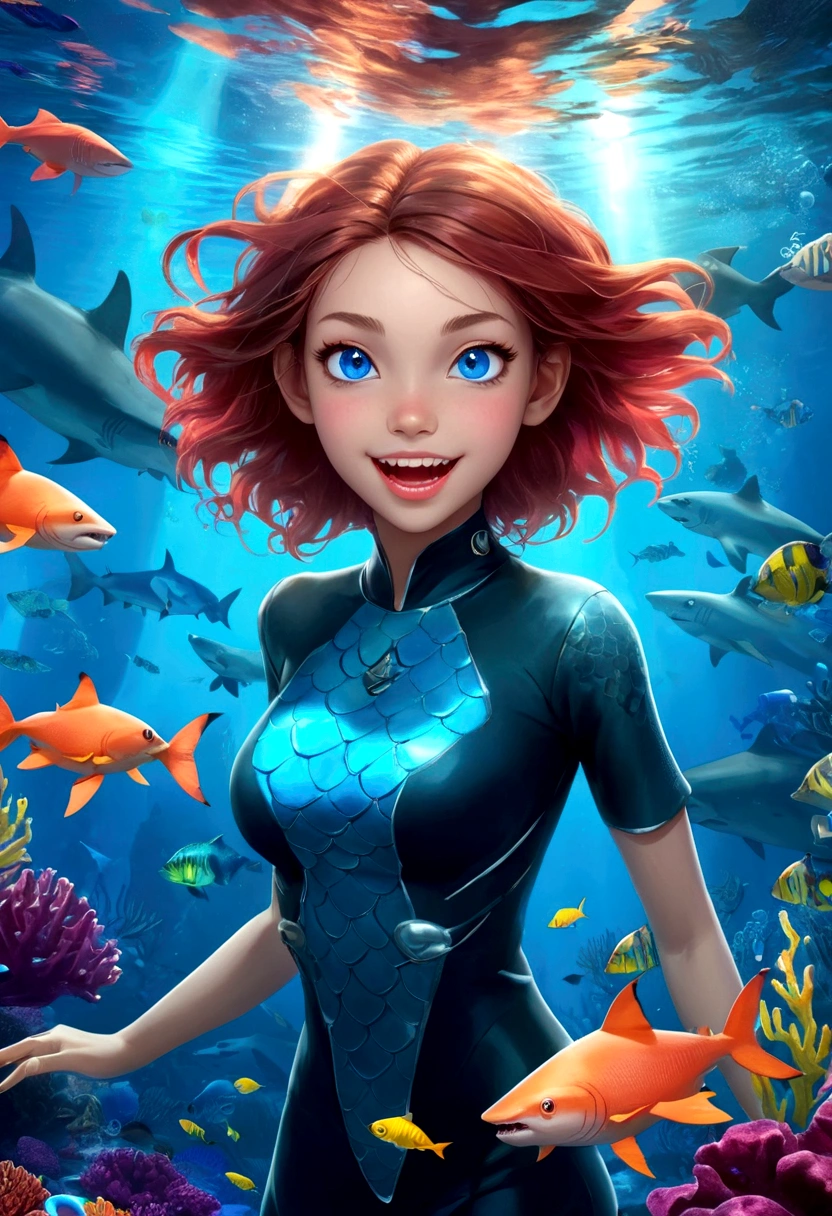 a beautiful girl with shark-like features, interactive，game，interesting，Bubbles，glowing blue eyes, sharp teeth, Girl with sharp fangs，scaly skin, floating in an underwater fantasy scene with kelp, coral, and schools of tropical fish, detailed realistic 3d render, cinematic lighting, vivid colors, concept art style