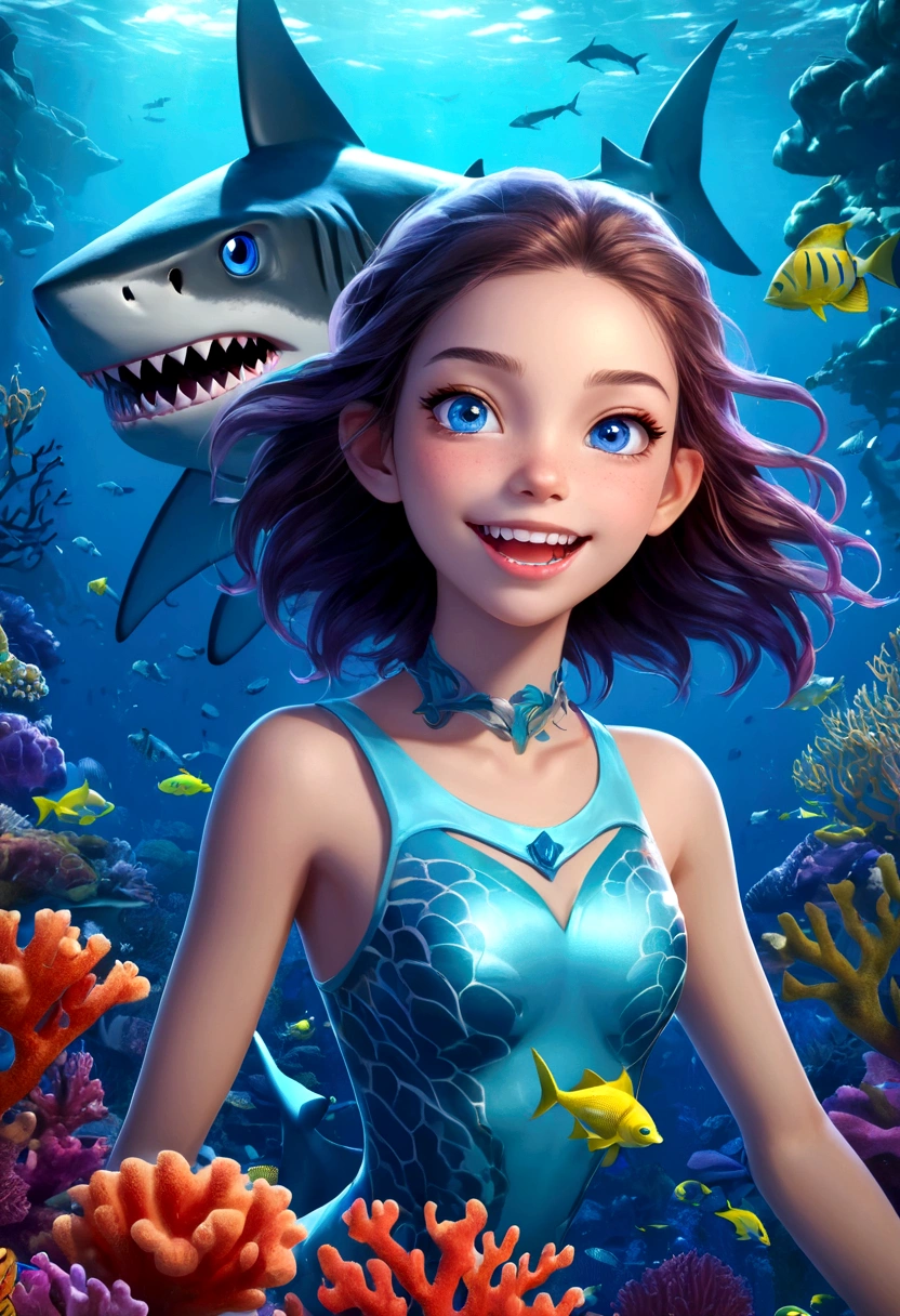 a beautiful girl with shark-like features, interactive,game,interesting,Bubbles,glowing blue eyes, sharp teeth, Girl with sharp fangs,scaly skin, floating in an underwater fantasy scene with kelp, coral, and schools of tropical fish, detailed realistic 3d render, cinematic lighting, vivid colors, concept art style