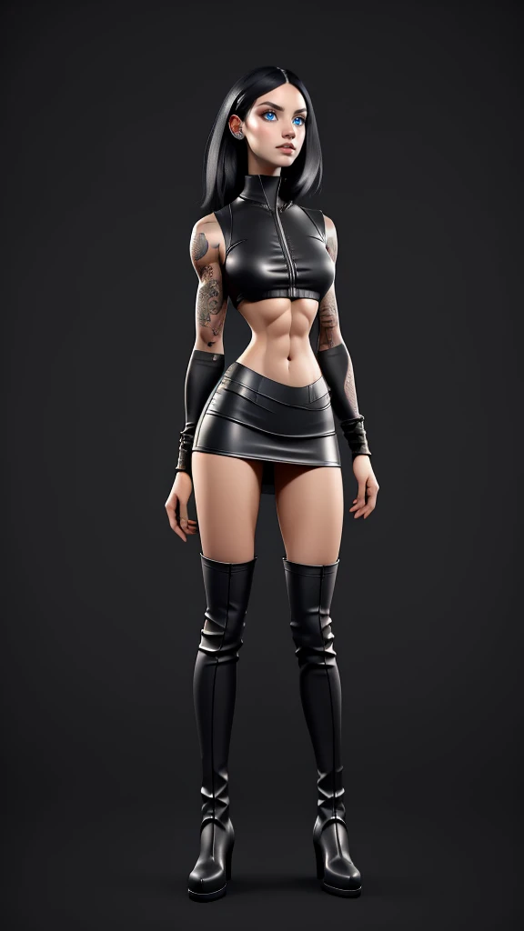 beautiful girl, ((standing:1.4)), (intense gaze:1.1), full body, short bright neon streaked black hair, ((realistic highly detailed eyes:1.4)), ((seductive pose:1.2)), fit, Athletic, lean, slender abs, black eyeshadow, (street style wear:1.2), ((short skirt)), ((knee high leather boots)),((light plain background:1.4)), dark makeup, digital art, trending on artstation, highly detailed, fine detail, intricate, detailed facial features, sharp focus, smooth, aesthetic, tattoos