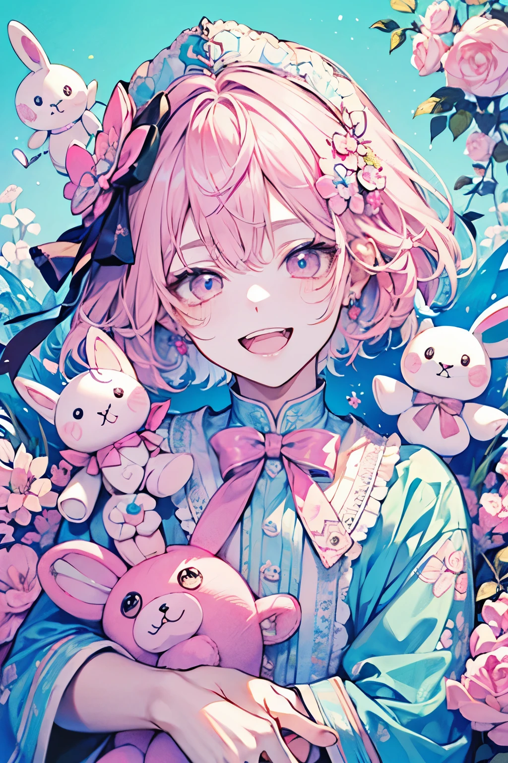 chibi character,Rabbit motif,(brush),((cute,kawaii,wonderland)),((pastel color)),((Cute assortment)),(A big smile with an open mouth),((Cute stuffed toys and dolls:1.3)),Shiny pink hair,(pastel pink),((Men's、Shota、juvenile:1.2)),(ribbon🎀:1.25).