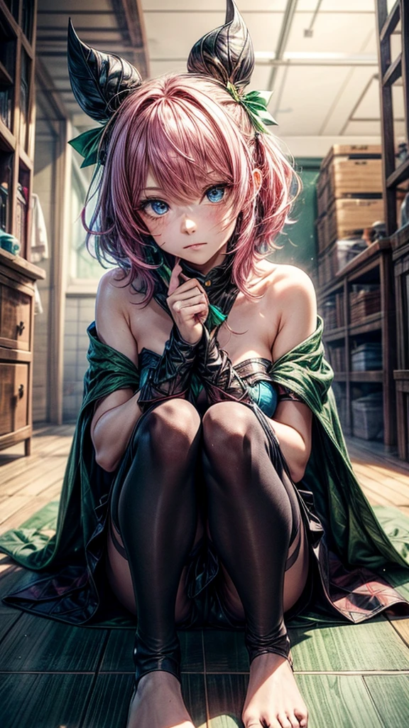 a girl with pink hair in bangs, square cut, determined facial expression, big blue eyes, arrow holder on her back, wearing a green short sleeveless dress, green cape, bare feet, big leather belt, arrows on the ground, bow pose on the floor, sitting on the floor, looking at the camera, highly realistic, Clash Royale character, best quality, best lighting, dynamic point of view