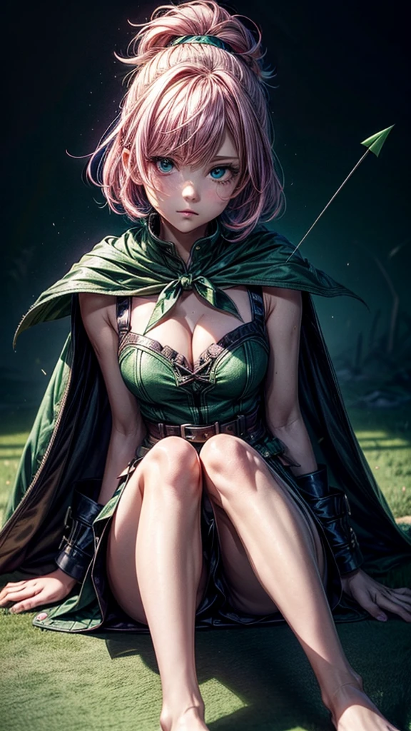 a girl with pink hair in bangs, square cut, determined facial expression, big blue eyes, arrow holder on her back, wearing a green short sleeveless dress, green cape, bare feet, big leather belt, arrows on the ground, bow pose on the floor, sitting on the floor, looking at the camera, highly realistic, Clash Royale character, best quality, best lighting, dynamic point of view