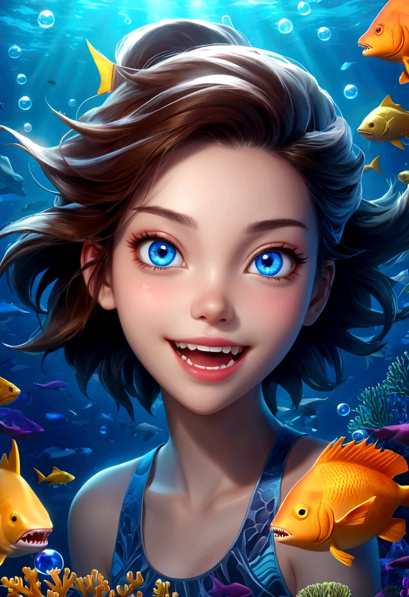 a beautiful girl with shark-like features, interactive,game,interesting,Bubbles,glowing blue eyes, sharp teeth, Fangs,scaly skin, floating in an underwater fantasy scene with kelp, coral, and schools of tropical fish, detailed realistic 3d render, cinematic lighting, vivid colors, concept art style