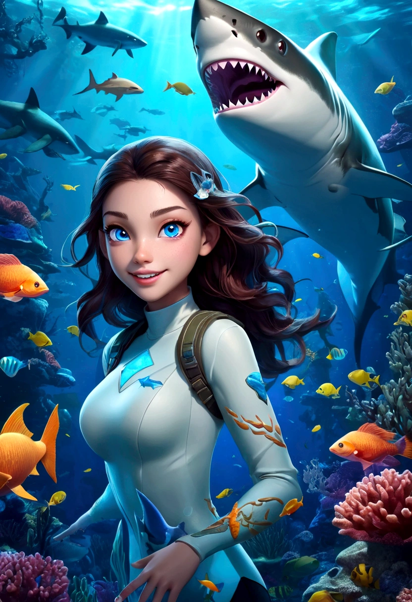 a beautiful girl with shark-like features, interactive,game,interesting,Bubbles,glowing blue eyes, sharp teeth, Fangs,scaly skin, floating in an underwater fantasy scene with kelp, coral, and schools of tropical fish, detailed realistic 3d render, cinematic lighting, vivid colors, concept art style