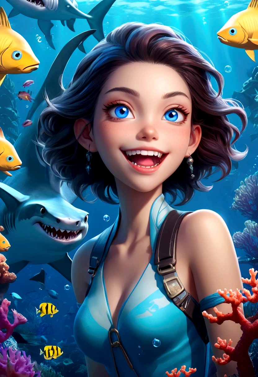 a beautiful girl with shark-like features, interactive,game,interesting,Bubbles,glowing blue eyes, sharp teeth, Fangs,scaly skin, floating in an underwater fantasy scene with kelp, coral, and schools of tropical fish, detailed realistic 3d render, cinematic lighting, vivid colors, concept art style
