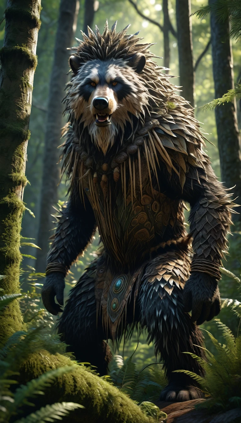 There is a wild man in the forest,Covered with bristles(best quality,4K,8K,High level,masterpiece:1.2),Ultra Detailed,(lifelike,Photo real,Photo real:1.37),Highly detailed animals,Complex patterns,Realistic lighting,Fantasy Creatures