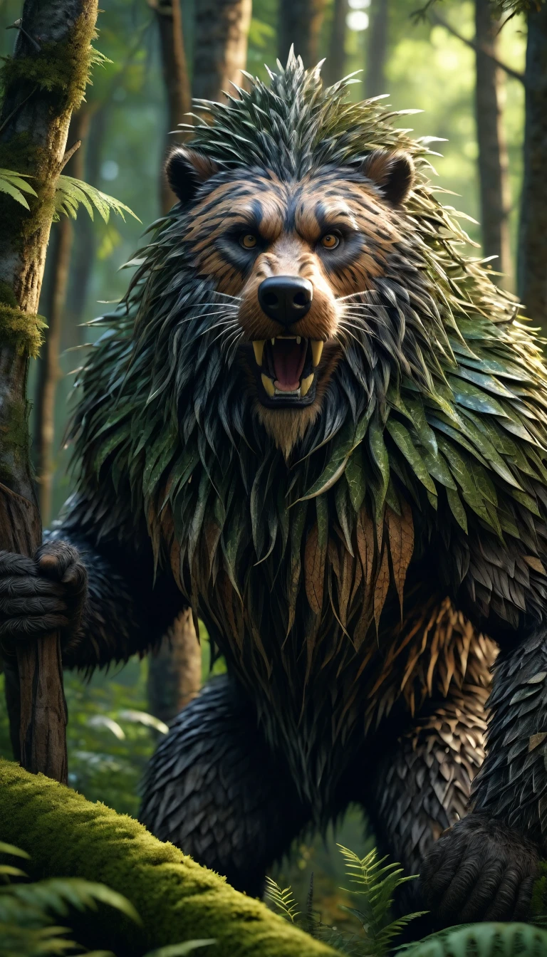 There is a wild man in the forest,Covered with bristles(best quality,4K,8K,High level,masterpiece:1.2),Ultra Detailed,(lifelike,Photo real,Photo real:1.37),Highly detailed animals,Complex patterns,Realistic lighting,Fantasy Creatures