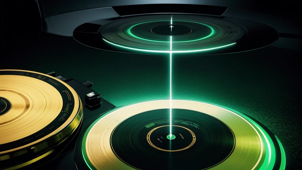 Poster Style,Brighter green frosted background,Vinyl record combined with clock,The record is in the center of the screen.,Front view of the record,Half record, half clock,Reflecting the sense of time travel,Golden text effect for English title on the right,There is a halo of light around the record similar to a black hole,Extremely high definition picture quality,quality,Real texture,Sci-fi style,No sense of space