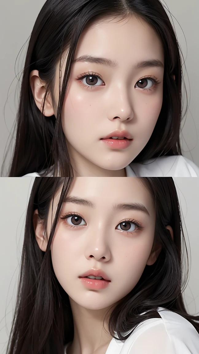 18 year old Japanese female、Wearing a white shirt、Highly detailed face,round face、 Lips Detail,,Big eyes、double eyelid, Detailed black eyes,Thin lips、 Very beautiful face、current eyes, Beautiful Eyes, (Real Skin), Beautiful Skin, Ultra-high resolution、Facing forward and gazing at me、